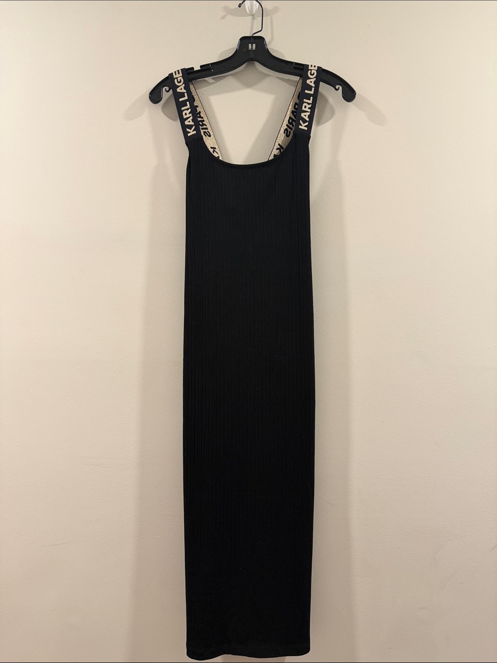 Karl Lagerfeld Black Ribbed Maxi Dress with Logo Straps